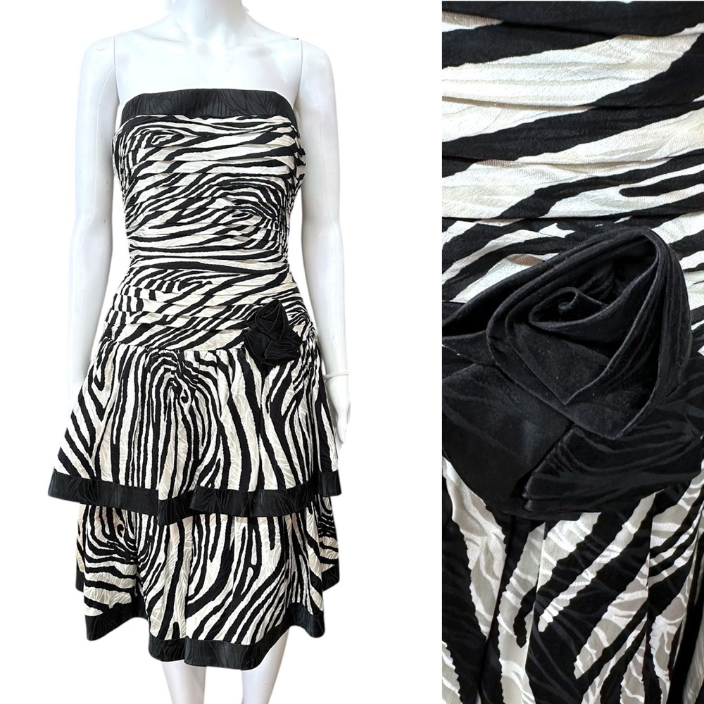 Vintage 1980s A.J. Bari Black White Silk Zebra Animal Print Strapless Dress 8 10